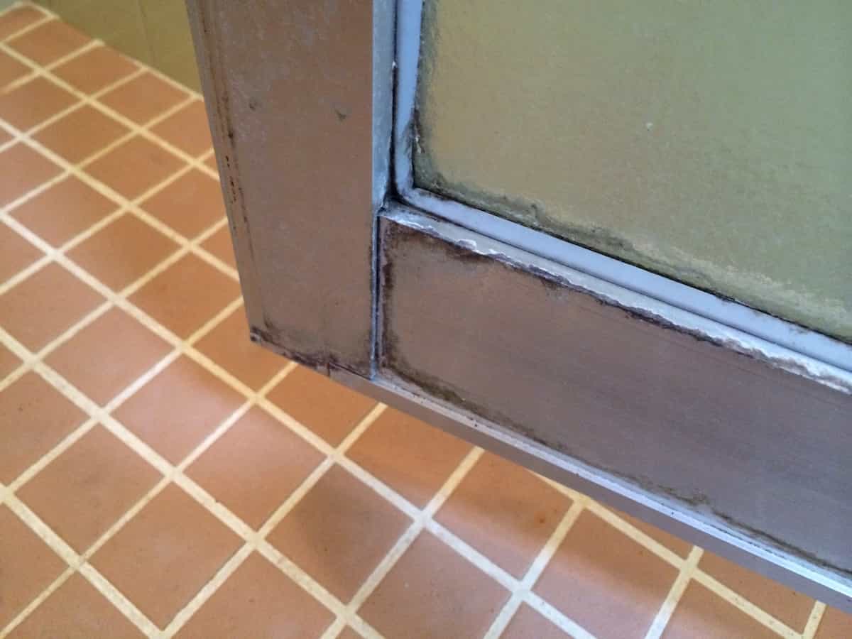 クエン酸で掃除する前のお風呂のドアの白い水垢汚れの様子